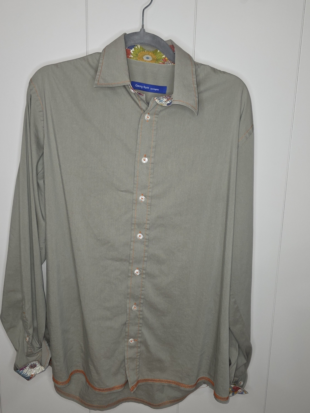 George Roth Men's Casual Olive Green Button-Down Shirt with Contrast Trim Sz Lg